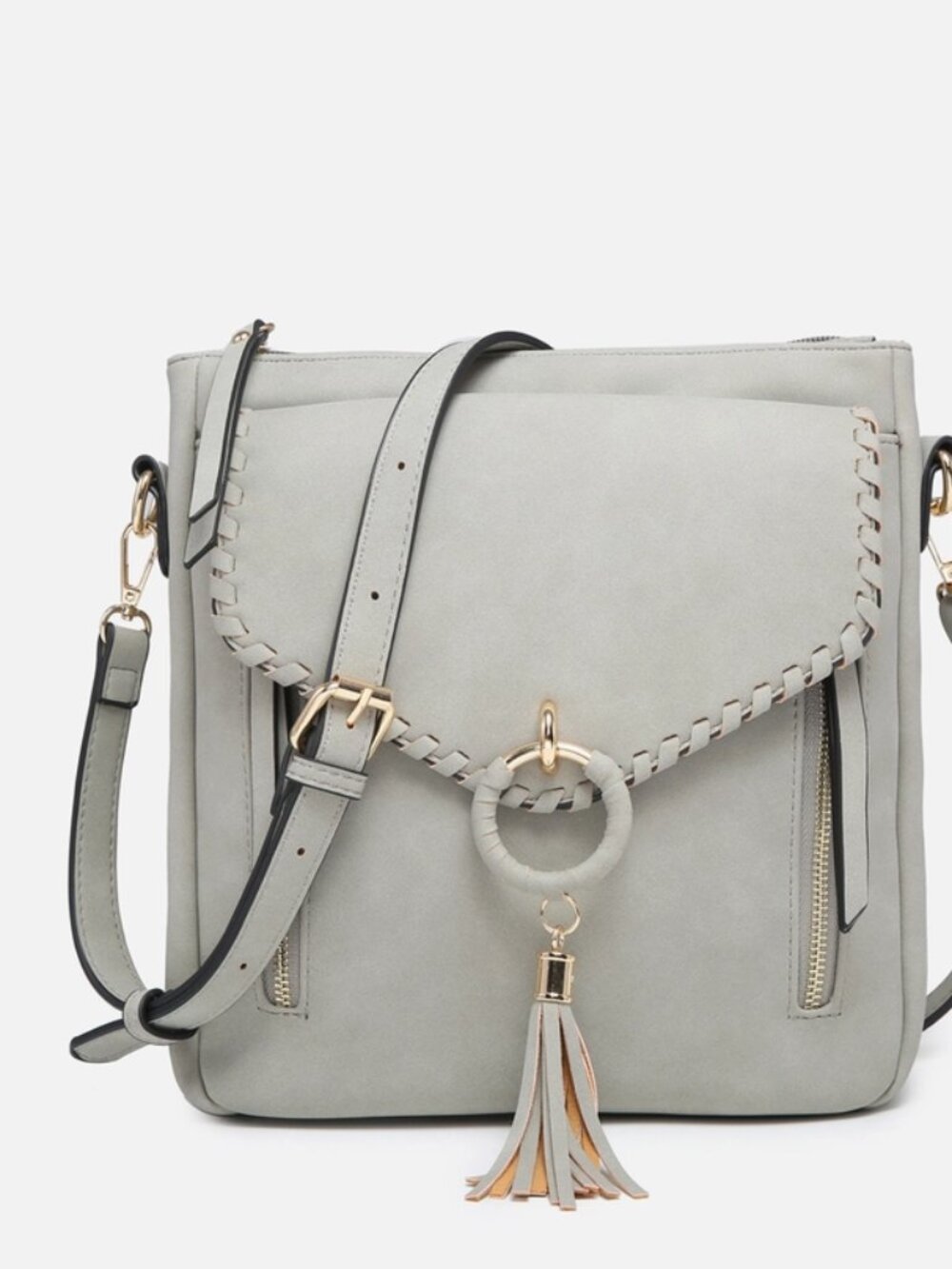 Layla Faux Suede Whipstitch Crossbody w/ Tassel